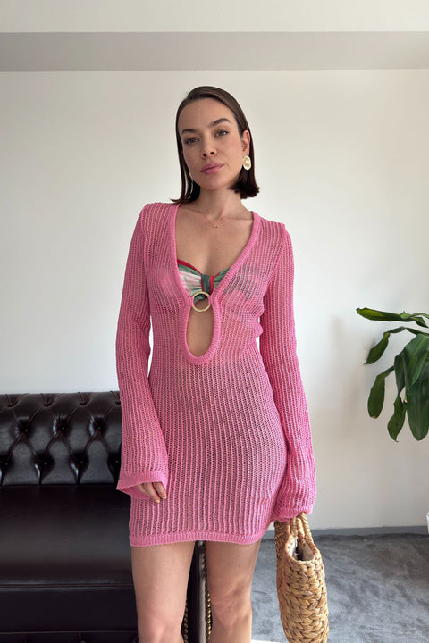 Ajurlu Göğüs Dekolteli Elbise- PEMBE