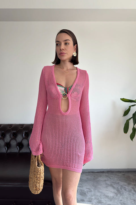 Ajurlu Göğüs Dekolteli Elbise- PEMBE