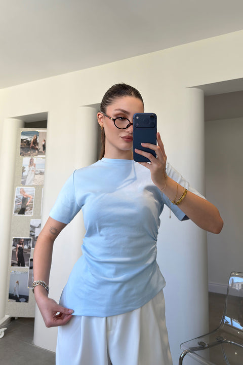 Asimetrik Kesim Kısa Kollu Bluz- MAVİ