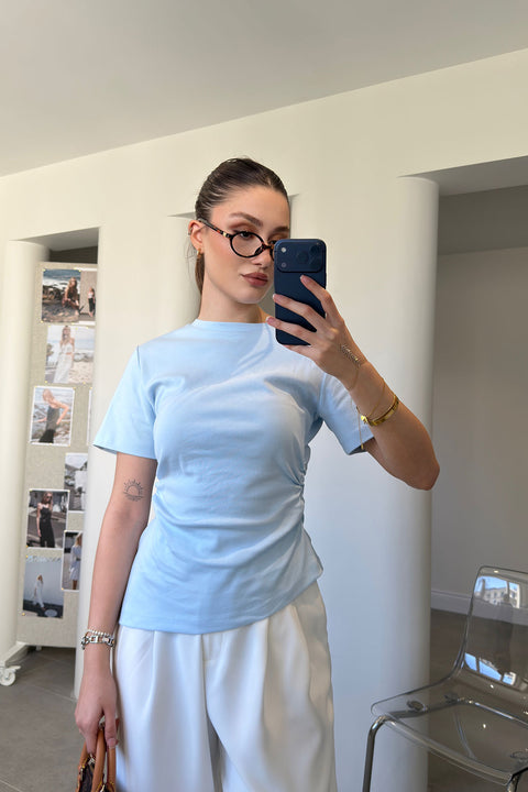 Asimetrik Kesim Kısa Kollu Bluz- MAVİ