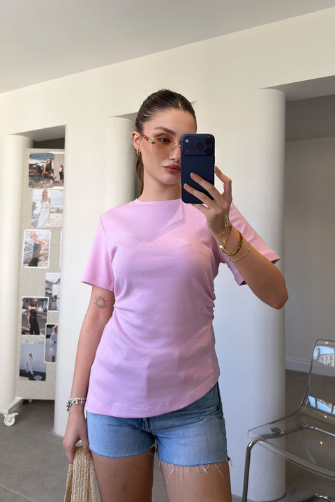 Asimetrik Kesim Kısa Kollu Bluz- PEMBE