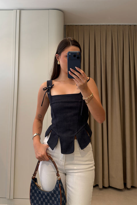 Askılı Bağlamalı Korse Denim Bluz- LACİVERT