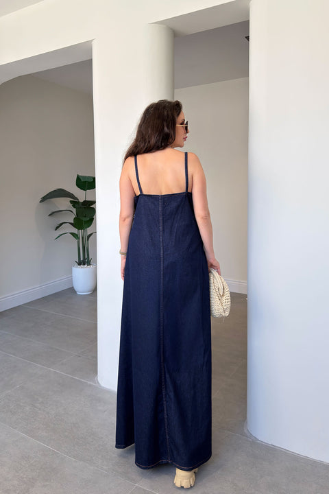 Askılı Denim Elbise- LACİVERT