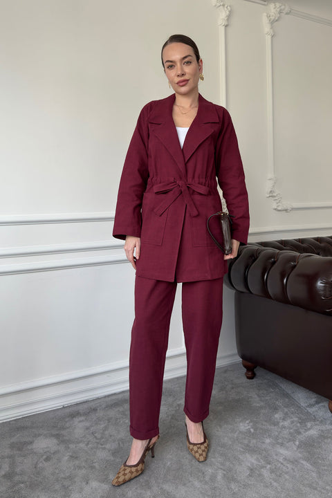 Bağlamalı Keten Takım- BORDO