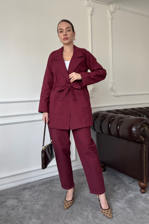 Bağlamalı Keten Takım- BORDO