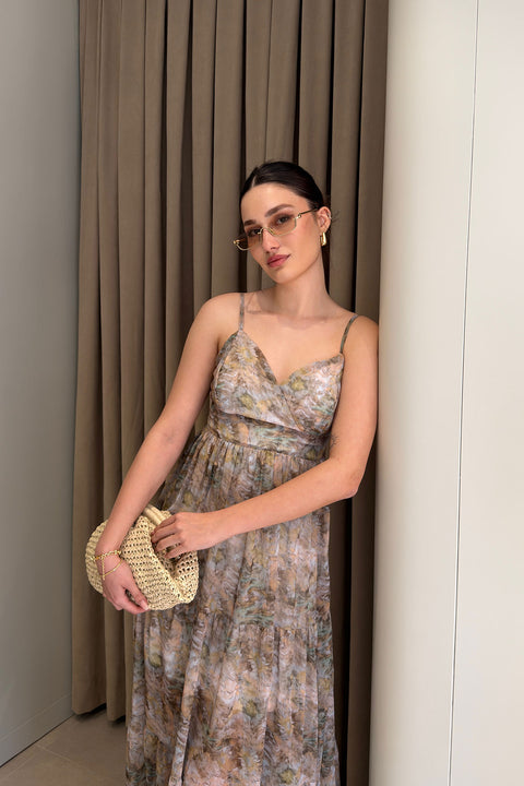 Batik Desen Özel Seri Şifon Yaryo Elbise- HAKİ