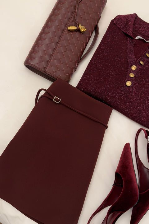 Beli Kemerli Mini Tasarım Etek- BORDO
