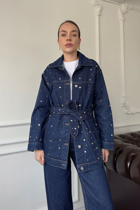 Beli Kuşaklı Denim Ceket- MAVİ