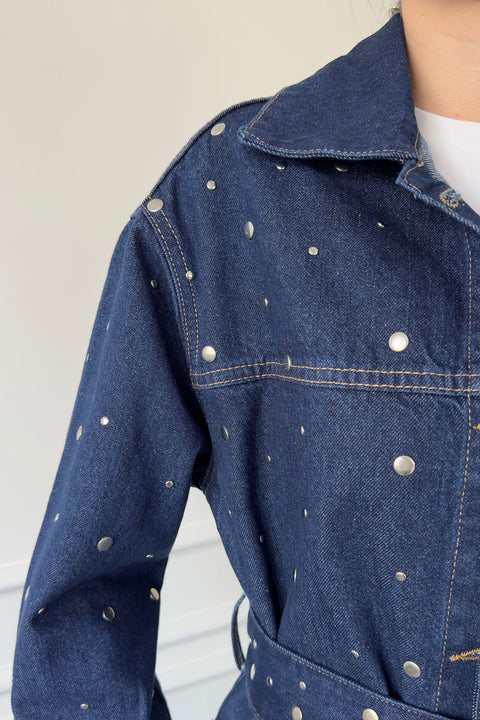 Beli Kuşaklı Denim Ceket- MAVİ