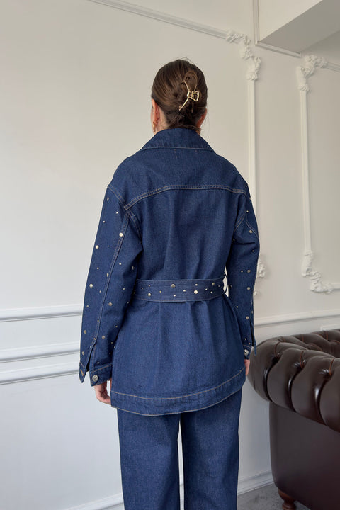 Beli Kuşaklı Denim Ceket- MAVİ