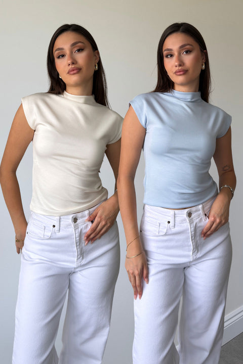 BEYAZ MAVİ 2'Lİ PAKET PREMİUM DİK YAKA BLUZ- BEYAZ MAVİ