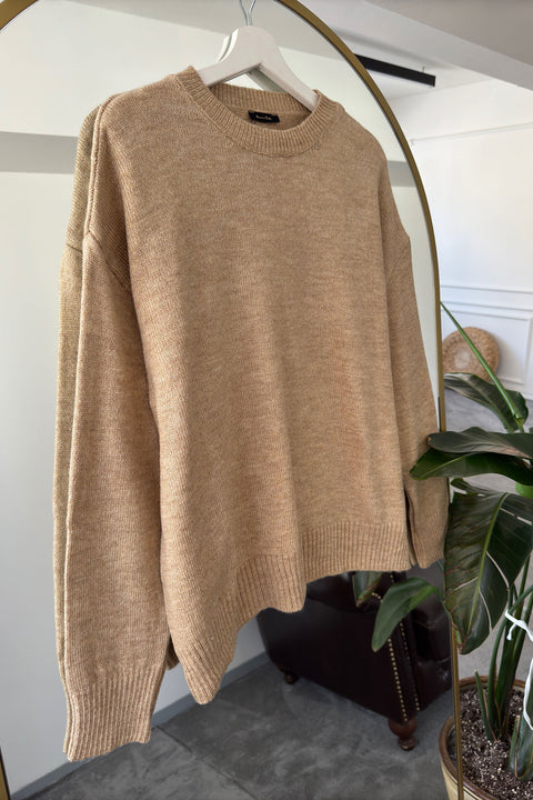 Bisiklet Yaka Basic Triko Kazak- CAMEL