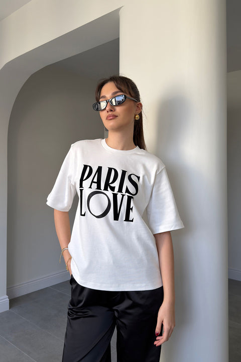 Bisiklet Yaka Baskılı T-Shirt- BEYAZ