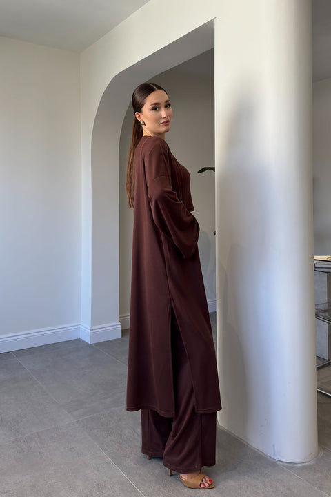 BLUZ PANTOLON KİMONO TAKIM- KAHVERENGİ