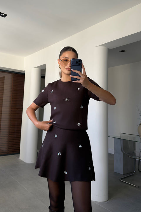Carmen Taş İşlemeli Mini Etekli Takım- KAHVERENGİ