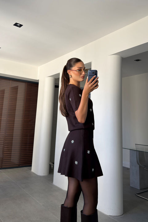 Carmen Taş İşlemeli Mini Etekli Takım- KAHVERENGİ