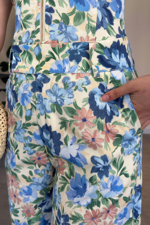 Çiçek Desenli Premium Bol Paça Pantolon- MAVİ