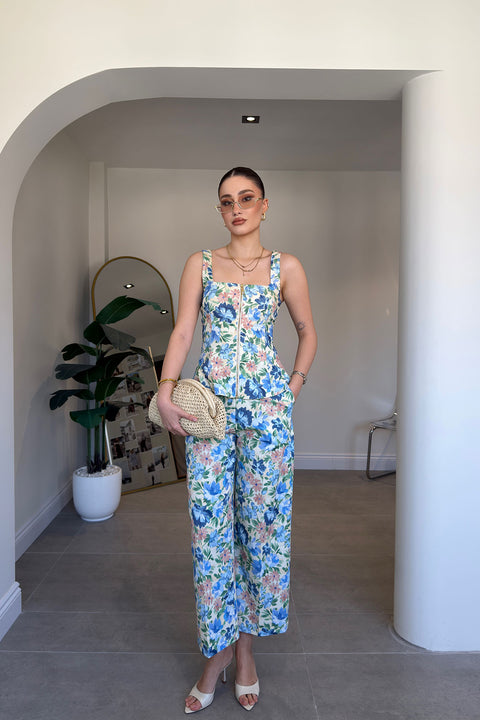 Çiçek Desenli Premium Bol Paça Pantolon- MAVİ