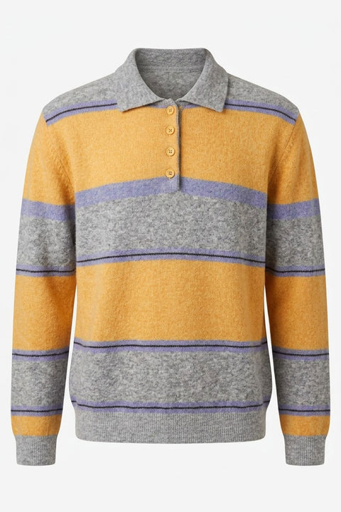 Çizgili Premium Polo Yaka Triko Kazak- SARI