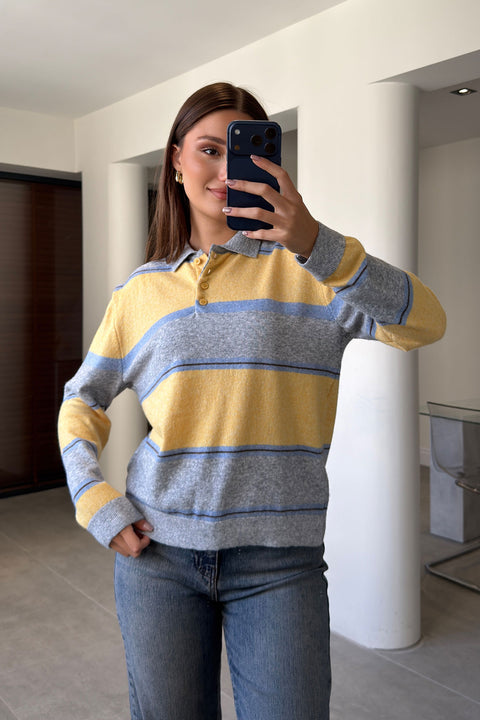 Çizgili Premium Polo Yaka Triko Kazak- SARI