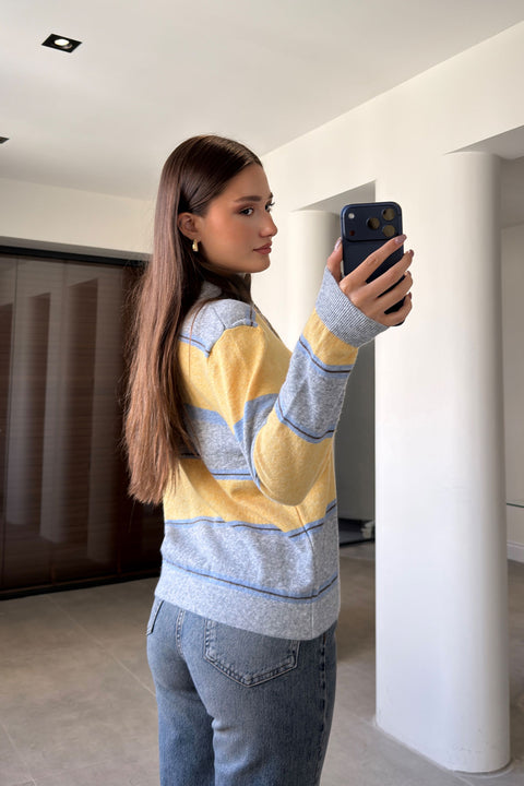Çizgili Premium Polo Yaka Triko Kazak- SARI