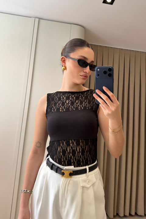 Dantel Detaylı Body Suit- SİYAH