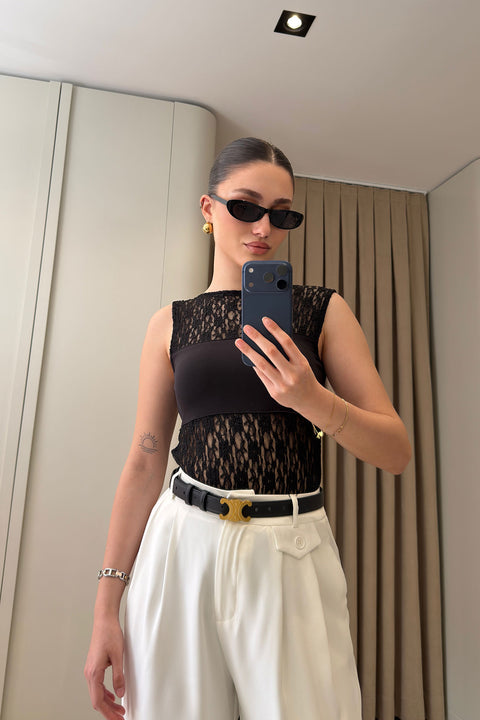 Dantel Detaylı Body Suit- SİYAH