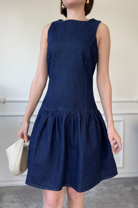 Denim Mini Elbise- MAVİ