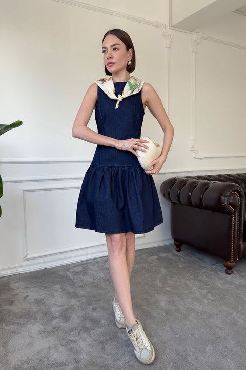 Denim Mini Elbise- MAVİ