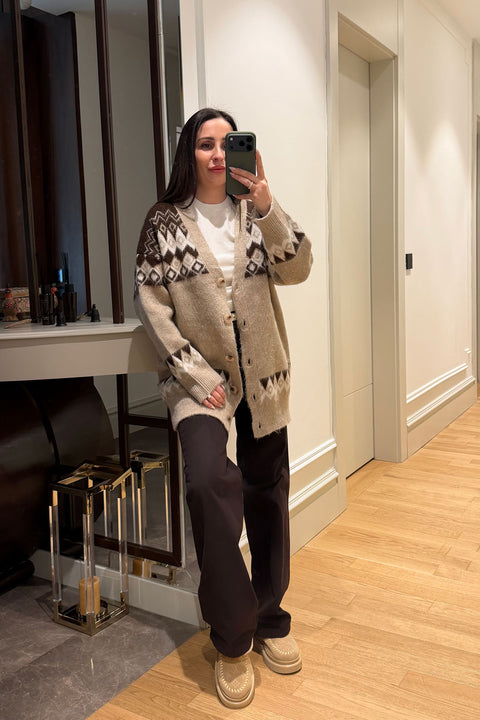 Desenli Oversize Triko Angora Hırka- CAMEL