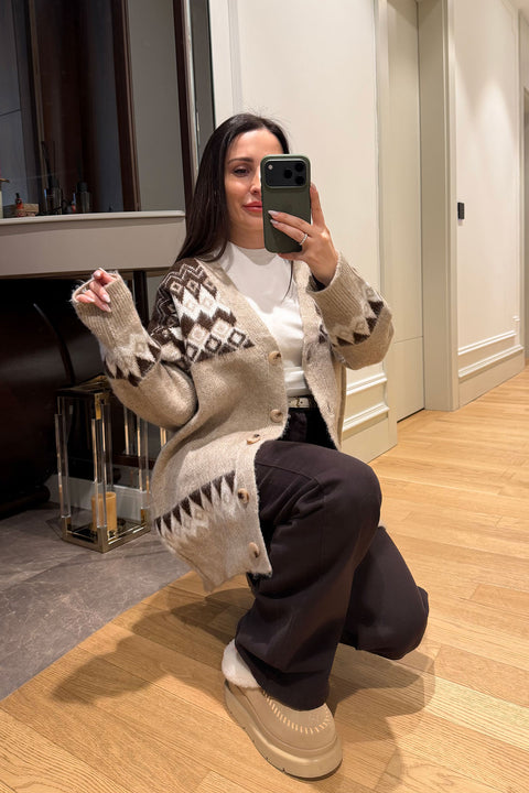 Desenli Oversize Triko Angora Hırka- CAMEL