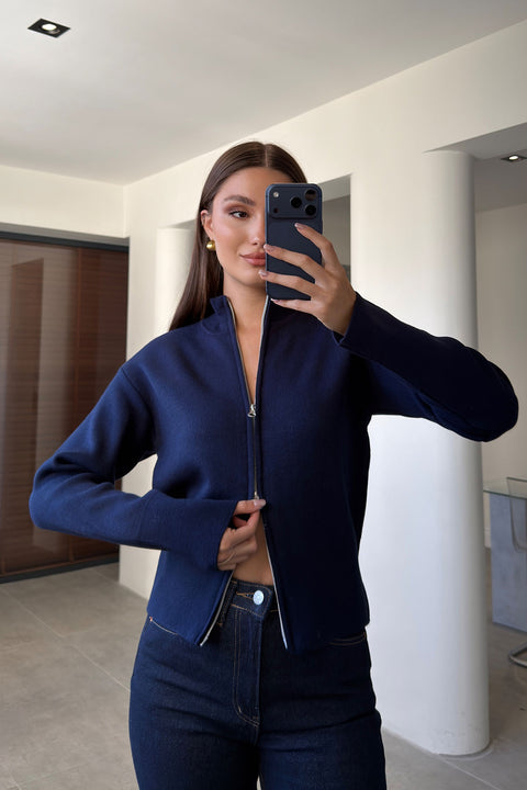 Dik Yaka Premium Çift Fermuarlı Hırka- LACİVERT