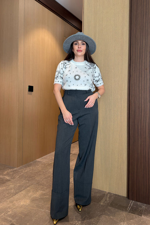 Duble Paça Detay Palazzo Pantolon- GRİ