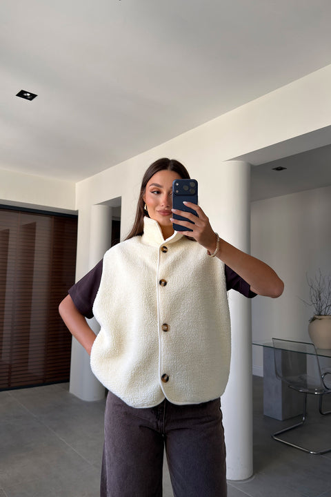 Düğmeli Premium Düğmeli Polar Yelek- EKRU