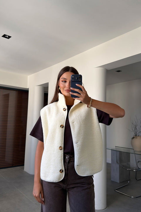 Düğmeli Premium Düğmeli Polar Yelek- EKRU