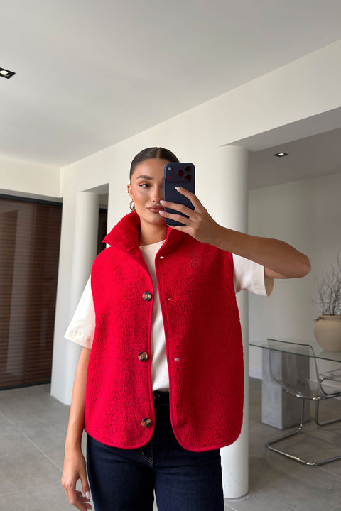 Düğmeli Premium Düğmeli Polar Yelek- KIRMIZI