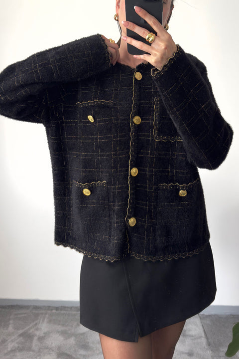 Ekose Desen Simli Triko Hırka- SİYAH