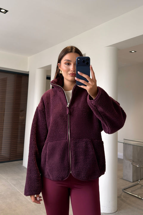 FERMUARLI DİK YAKA POLAR CEKET- BORDO
