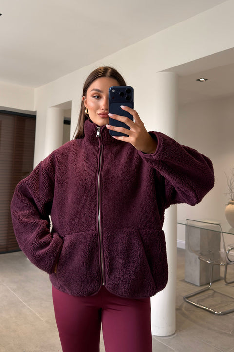 FERMUARLI DİK YAKA POLAR CEKET- BORDO