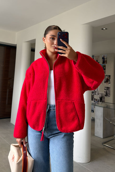 FERMUARLI DİK YAKA POLAR CEKET- KIRMIZI