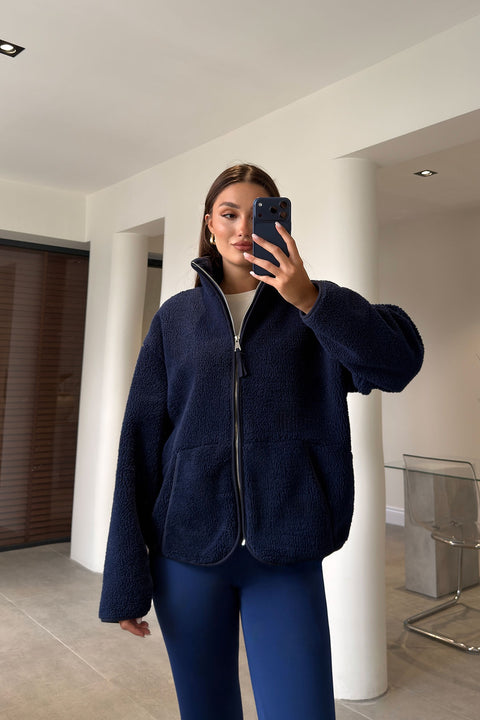 FERMUARLI DİK YAKA POLAR CEKET- LACİVERT