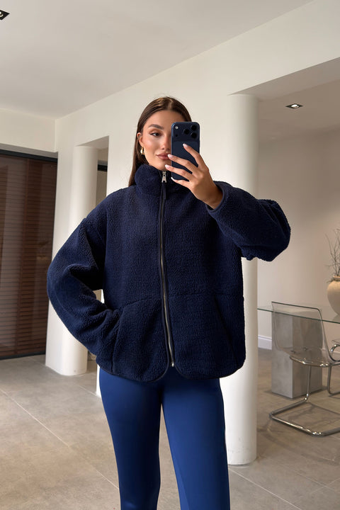 FERMUARLI DİK YAKA POLAR CEKET- LACİVERT