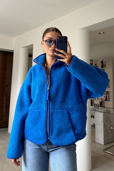 FERMUARLI DİK YAKA POLAR CEKET- SAKS