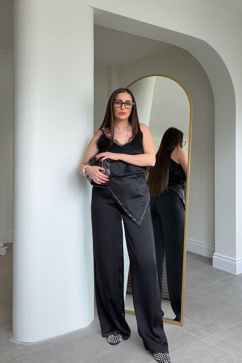 Fular Detaylı Beli Lastikli Saten Pantolon- SİYAH