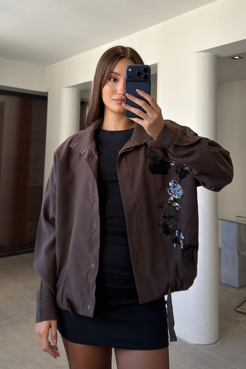 Gabardin Nakış İşlemeli Bomber Ceket- KAHVERENGİ