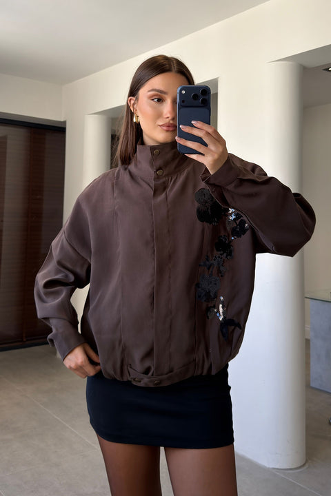 Gabardin Nakış İşlemeli Bomber Ceket- KAHVERENGİ