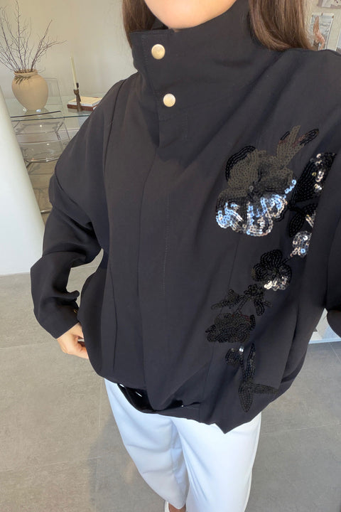 Gabardin Nakış İşlemeli Bomber Ceket- SİYAH