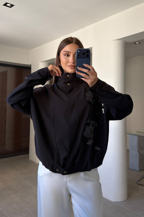 Gabardin Nakış İşlemeli Bomber Ceket- SİYAH