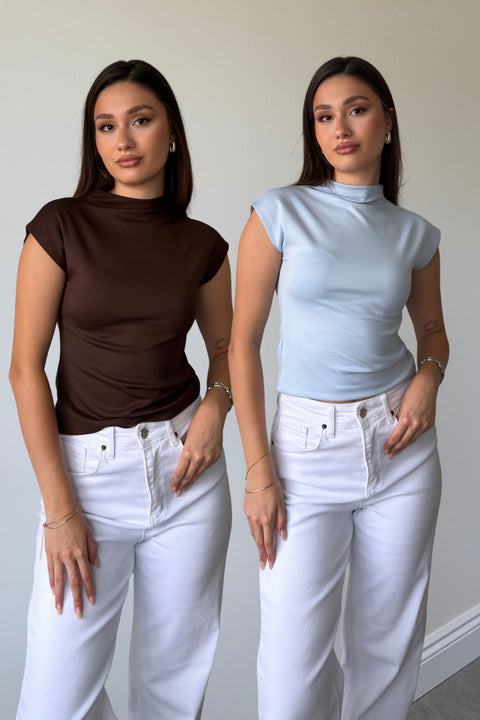 KAHVE MAVİ 2'Lİ PAKET PREMİUM DİK YAKA BLUZ- KAHVE MAVİ