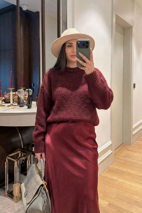 Kalın Örgülü Triko Kazak- BORDO